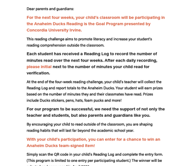 Parent Letter Cover Page